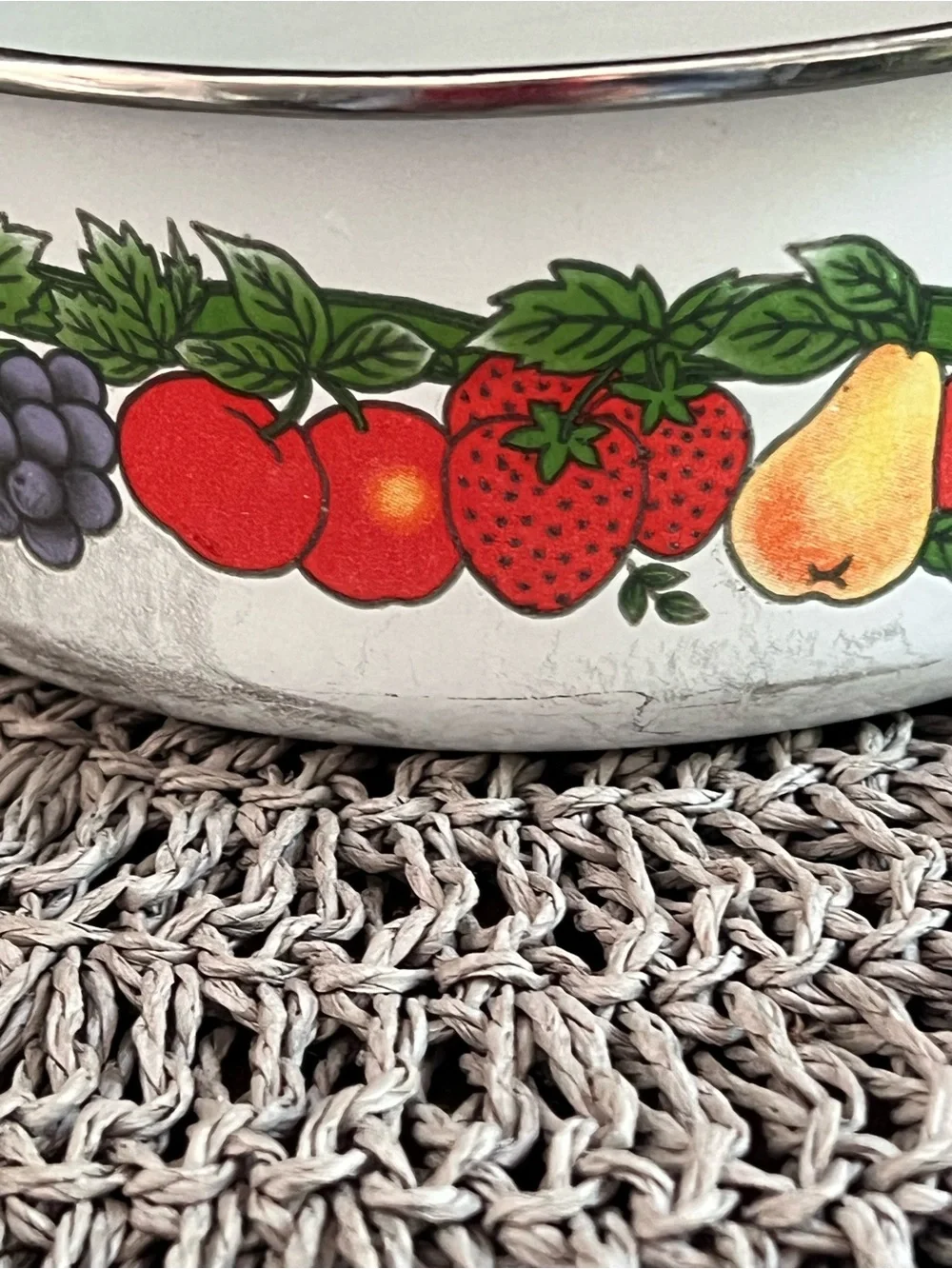 Vintage White Enamel Fruit-Print Bowl apples cottage core granny decor